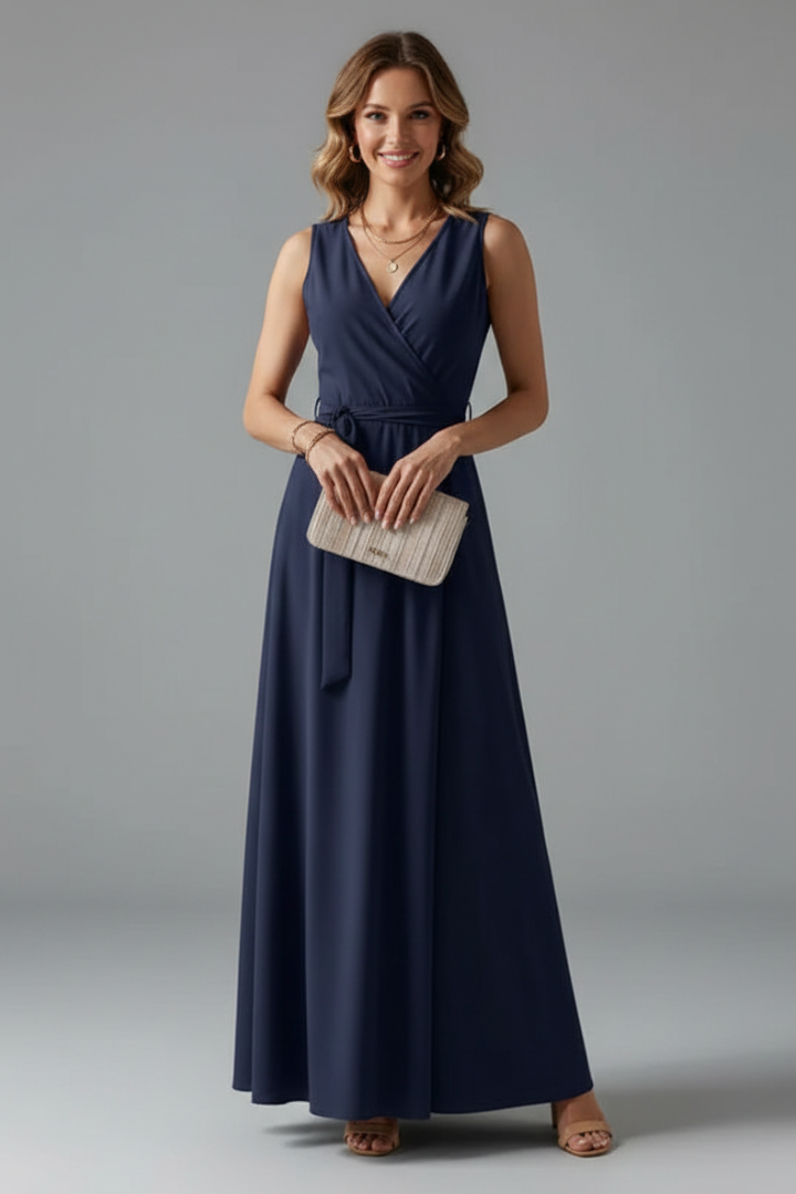 Tessa | Women’s V-Neck Maxi Dress – Sleeveless Floor-Length Dress with Adjustable Tie Waist & Plain Woven Fabric