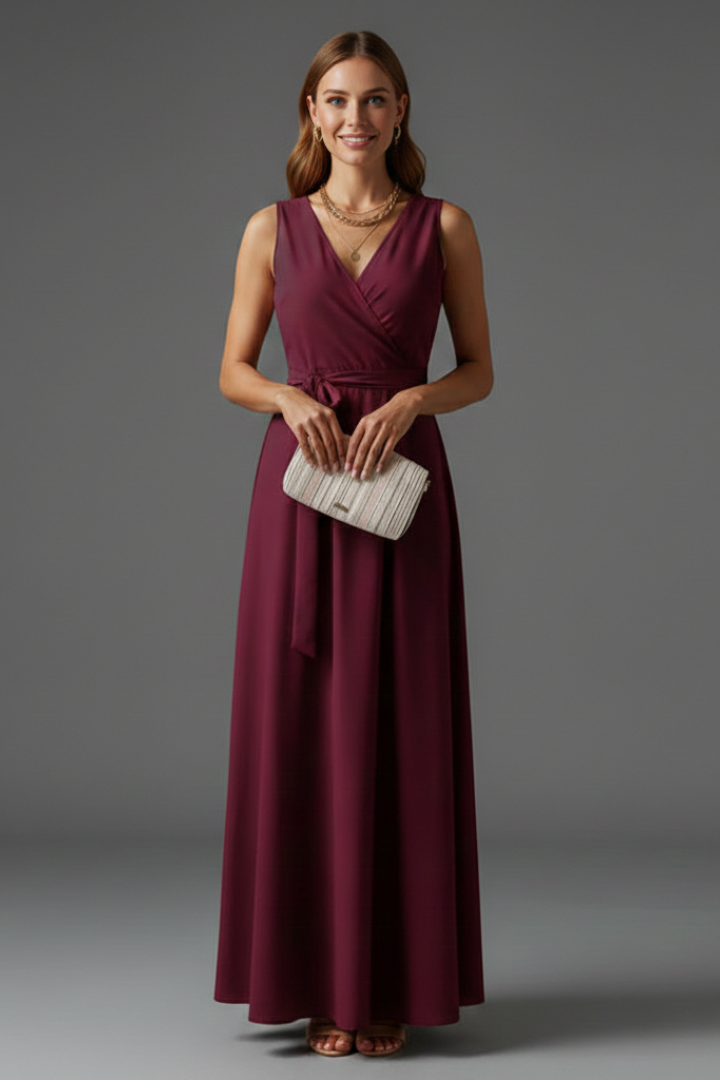 Tessa | Women’s V-Neck Maxi Dress – Sleeveless Floor-Length Dress with Adjustable Tie Waist & Plain Woven Fabric