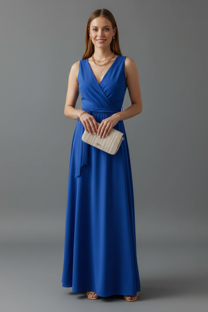 Tessa | Women’s V-Neck Maxi Dress – Sleeveless Floor-Length Dress with Adjustable Tie Waist & Plain Woven Fabric