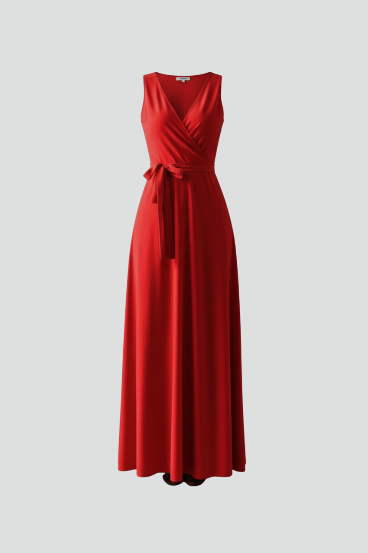 Tessa | Women’s V-Neck Maxi Dress – Sleeveless Floor-Length Dress with Adjustable Tie Waist & Plain Woven Fabric