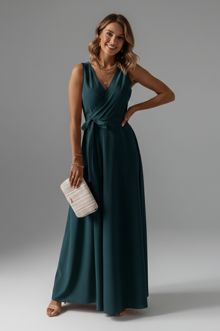 Tessa | Women’s V-Neck Maxi Dress – Sleeveless Floor-Length Dress with Adjustable Tie Waist & Plain Woven Fabric
