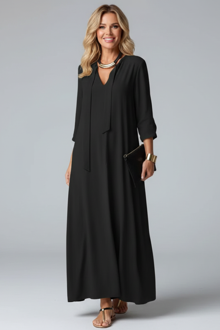 Thessaly | Women’s V-Neck Maxi Dress – Long Sleeve Ankle-Length Dress