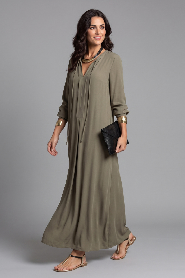 Thessaly | Women’s V-Neck Maxi Dress – Long Sleeve Ankle-Length Dress