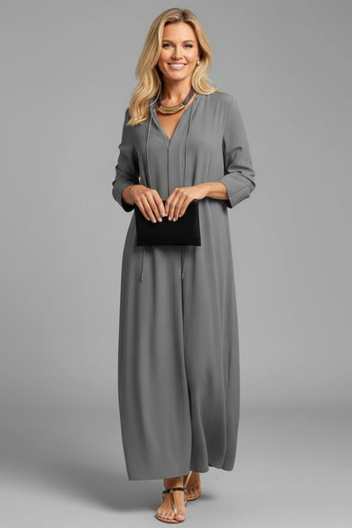 Thessaly | Women’s V-Neck Maxi Dress – Long Sleeve Ankle-Length Dress