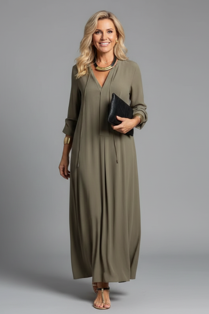 Thessaly | Women’s V-Neck Maxi Dress – Long Sleeve Ankle-Length Dress