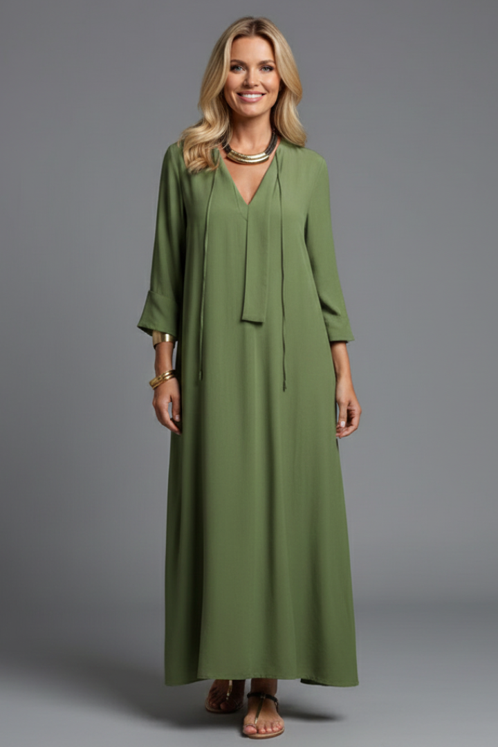 Thessaly | Women’s V-Neck Maxi Dress – Long Sleeve Ankle-Length Dress