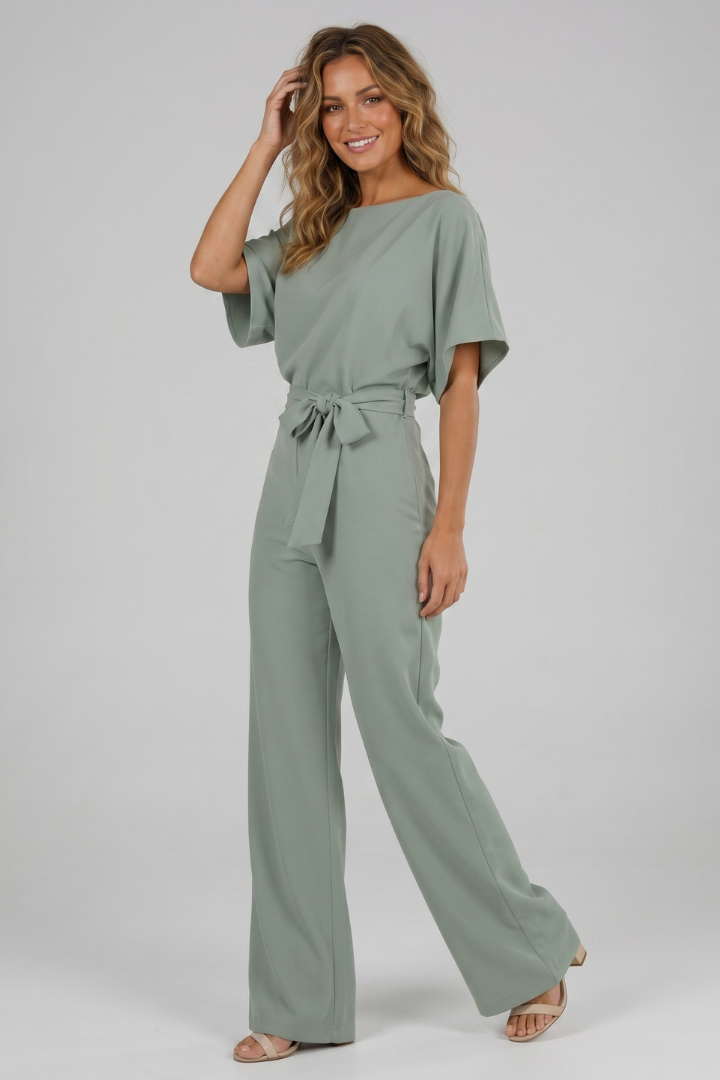 Tira | Women’s Jumpsuit Set Style – Waist Tie Belt, Short Sleeve, Round Neck