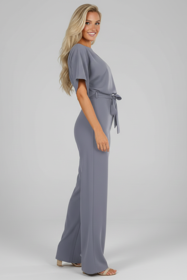 Tira | Women’s Jumpsuit Set Style – Waist Tie Belt, Short Sleeve, Round Neck