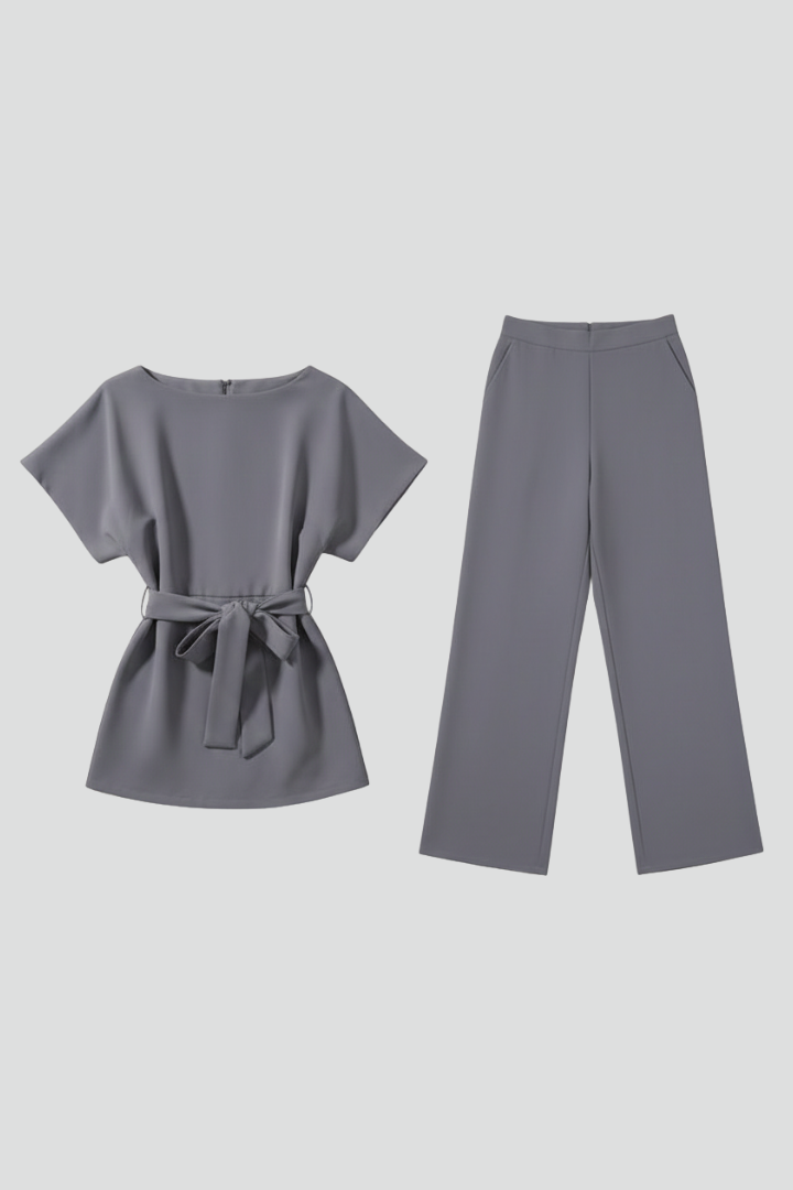 Tira | Women’s Jumpsuit Set Style – Waist Tie Belt, Short Sleeve, Round Neck
