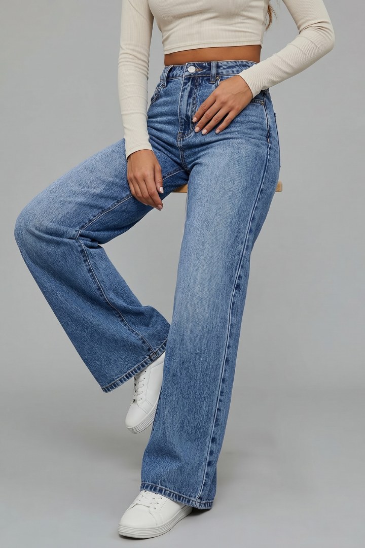 Ulia | Women’s High-Waist Wide-Leg Jeans – Button Zip Denim Pants
