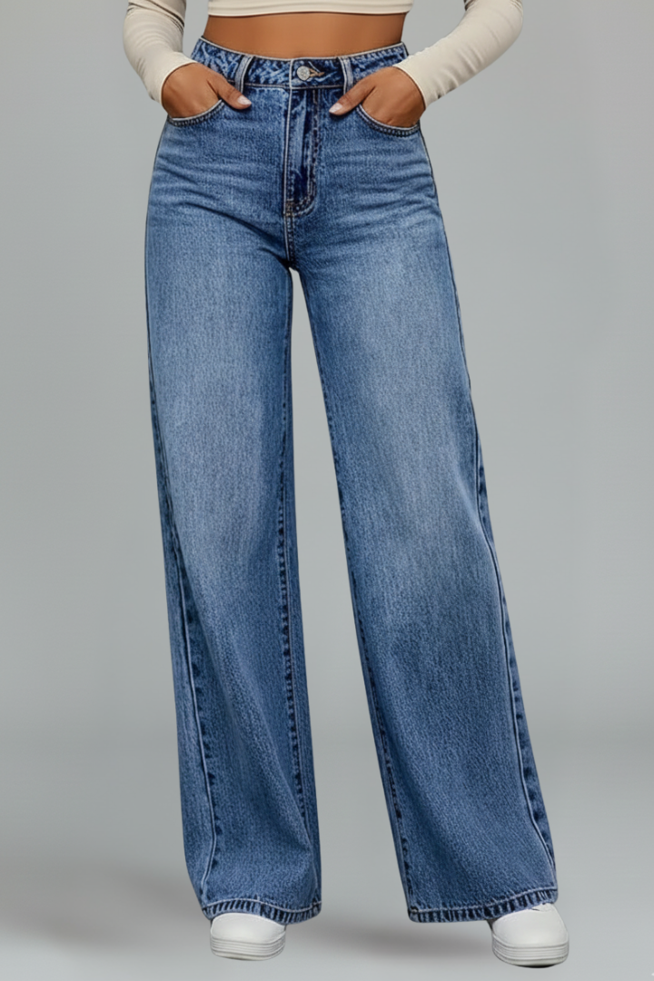 Ulia | Women’s High-Waist Wide-Leg Jeans – Button Zip Denim Pants
