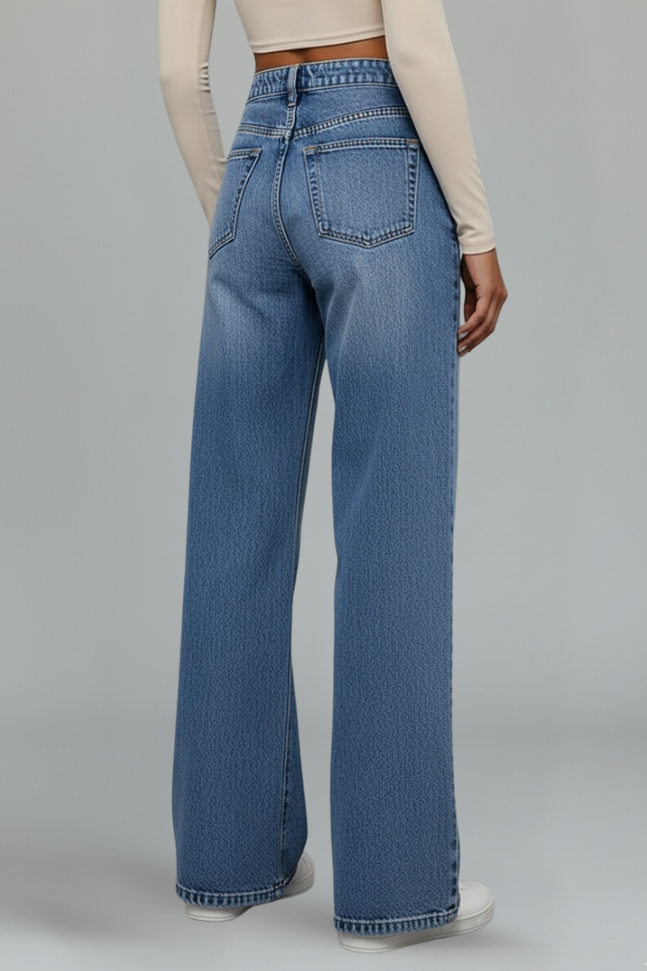 Ulia | Women’s High-Waist Wide-Leg Jeans – Button Zip Denim Pants