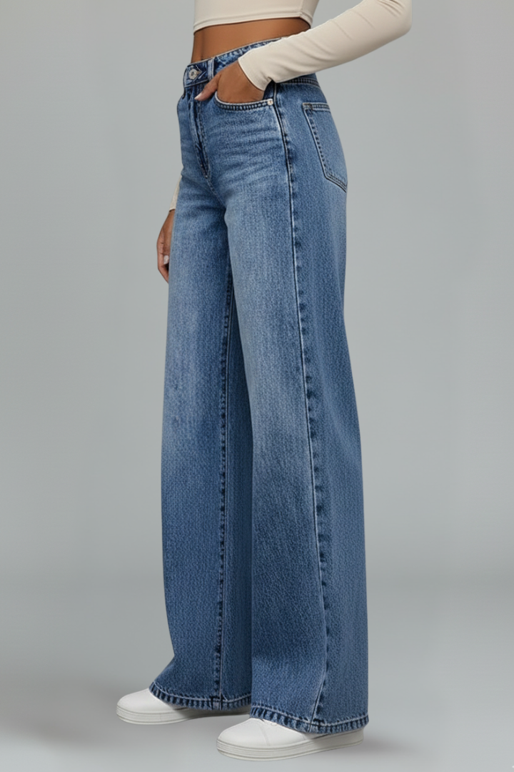 Ulia | Women’s High-Waist Wide-Leg Jeans – Button Zip Denim Pants