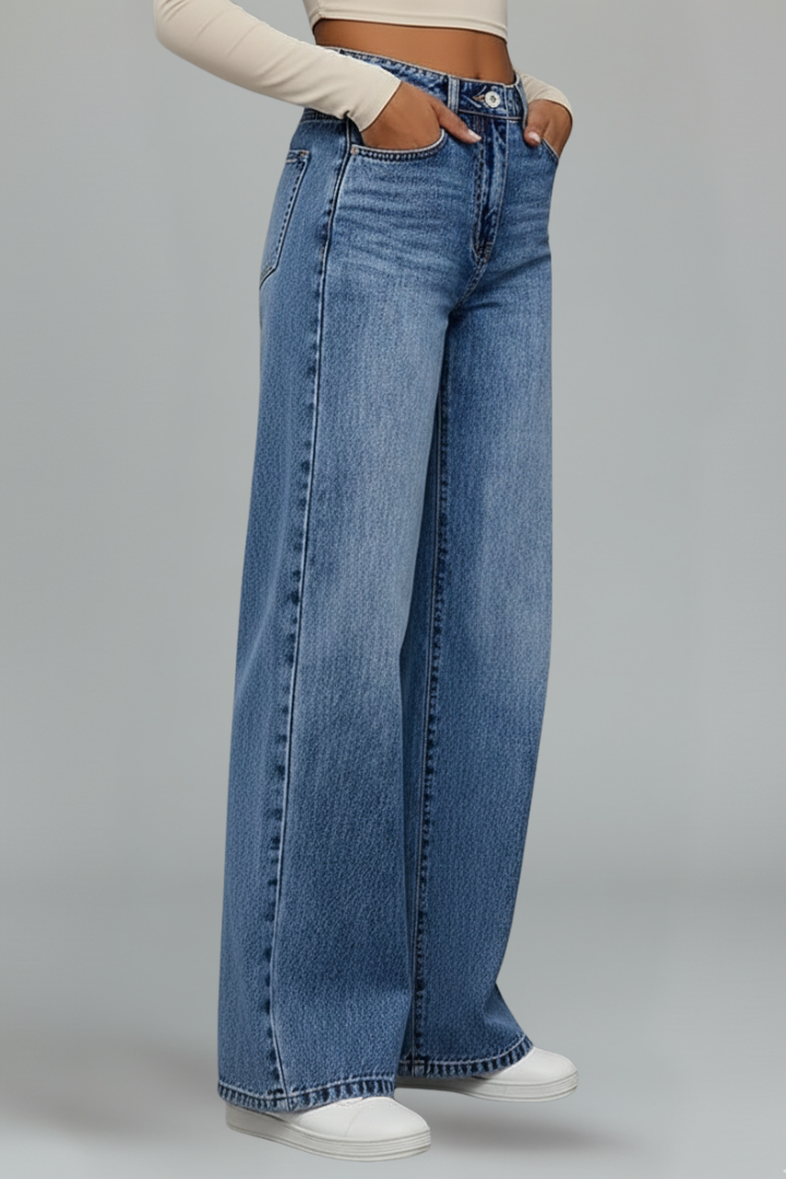 Ulia | Women’s High-Waist Wide-Leg Jeans – Button Zip Denim Pants