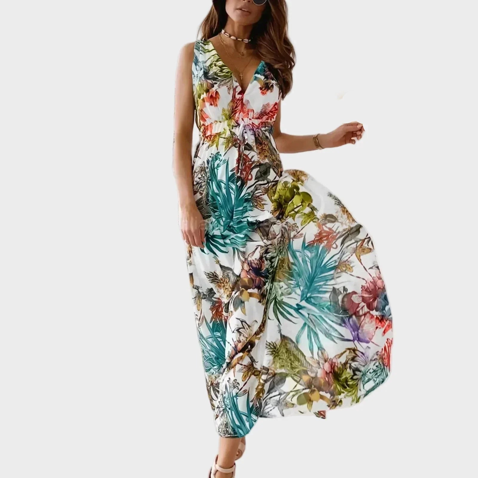Uma | Women's Sleeveless Tropical Maxi Dress – V-Neck A-Line Long Dress