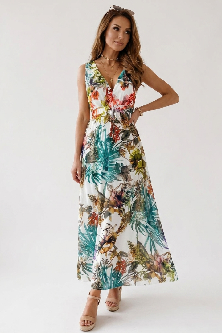 Uma | Women's Sleeveless Tropical Maxi Dress – V-Neck A-Line Long Dress