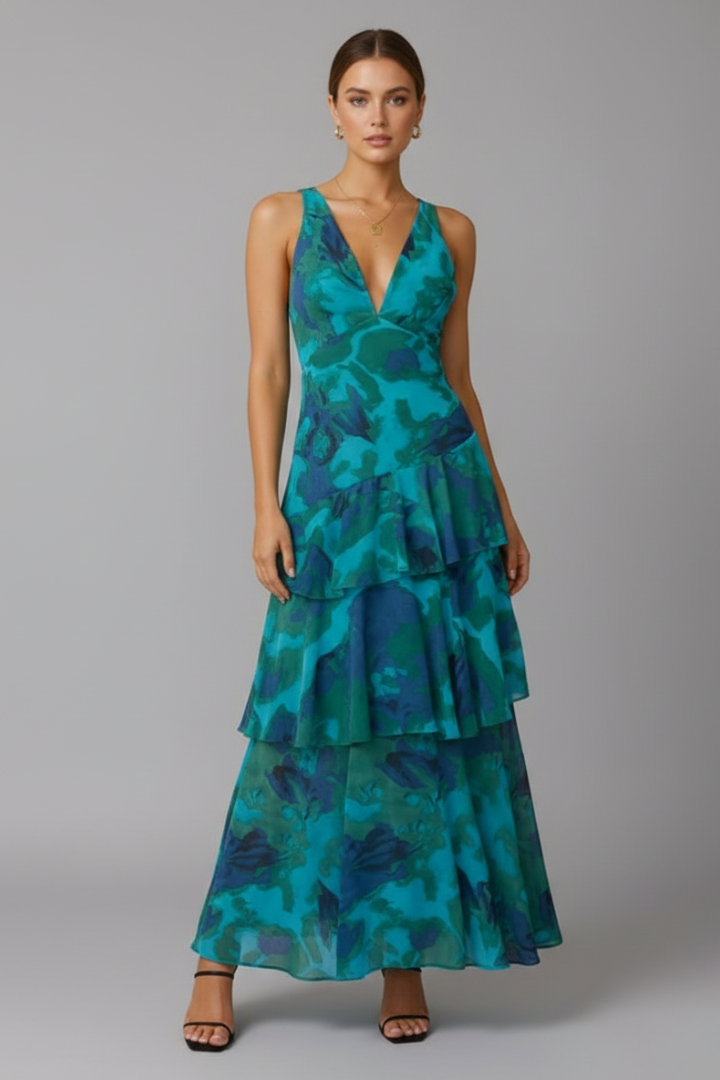 Vaelisse | Women’s Tiered Maxi Dress – V-Neck Sleeveless Pleated Skirt, Backless Cross Strap