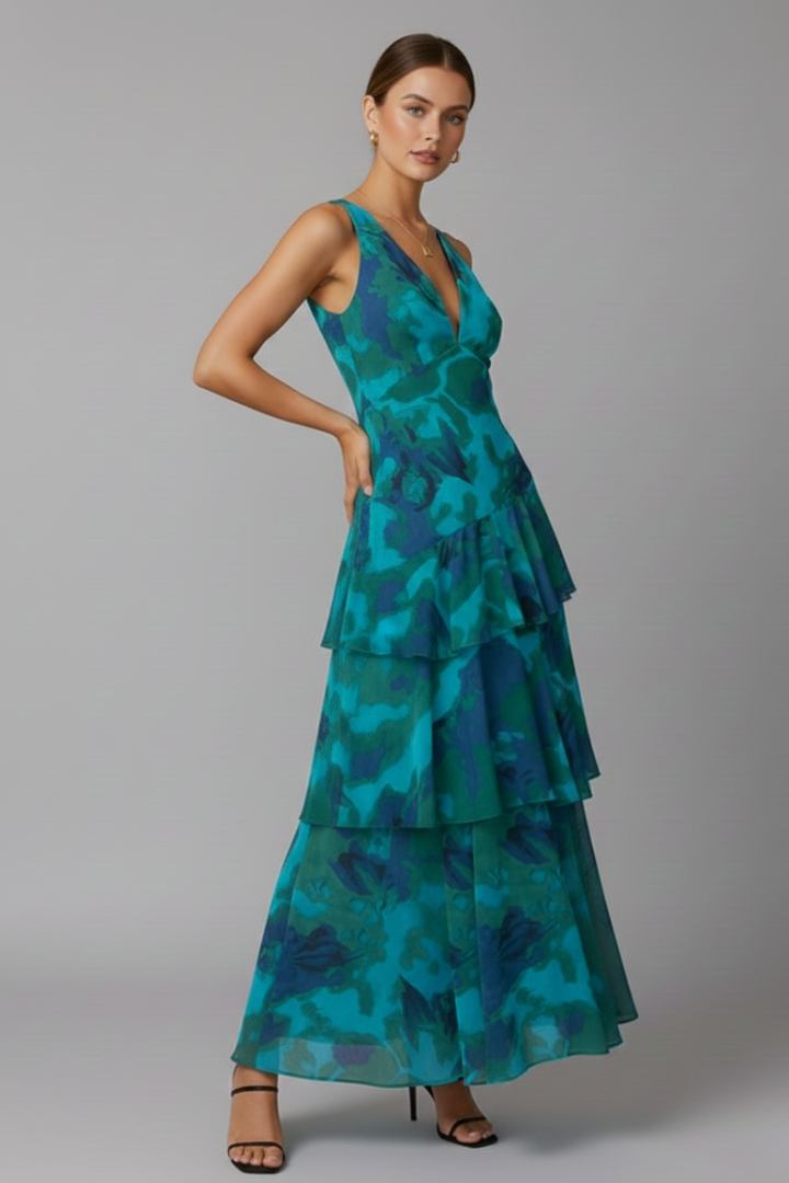 Vaelisse | Women’s Tiered Maxi Dress – V-Neck Sleeveless Pleated Skirt, Backless Cross Strap