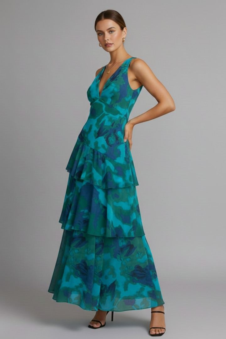 Vaelisse | Women’s Tiered Maxi Dress – V-Neck Sleeveless Pleated Skirt, Backless Cross Strap