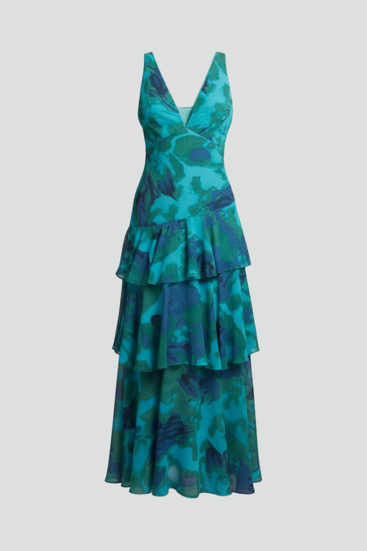 Vaelisse | Women’s Tiered Maxi Dress – V-Neck Sleeveless Pleated Skirt, Backless Cross Strap