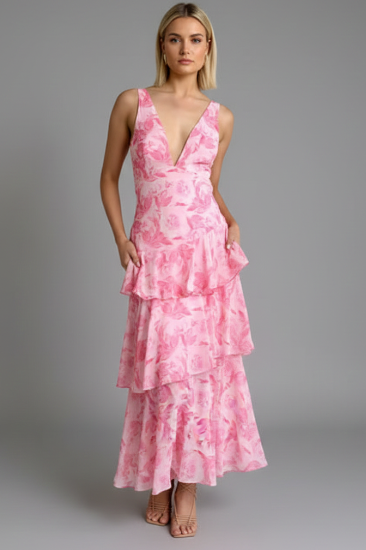Vaelisse | Women’s Tiered Maxi Dress – V-Neck Sleeveless Pleated Skirt, Backless Cross Strap