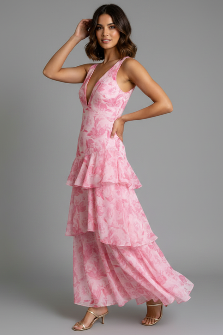 Vaelisse | Women’s Tiered Maxi Dress – V-Neck Sleeveless Pleated Skirt, Backless Cross Strap