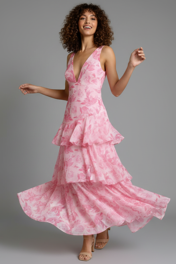 Vaelisse | Women’s Tiered Maxi Dress – V-Neck Sleeveless Pleated Skirt, Backless Cross Strap