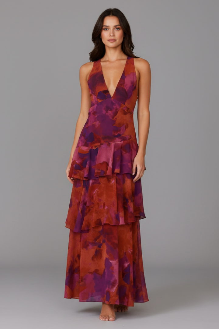 Vaelisse | Women’s Tiered Maxi Dress – V-Neck Sleeveless Pleated Skirt, Backless Cross Strap