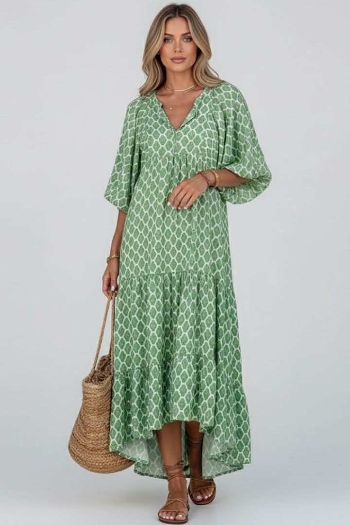 Vaenya | Women’s V-Neck Long Dress – Short Sleeve Tiered Maxi Dress, Flowy Relaxed Fit
