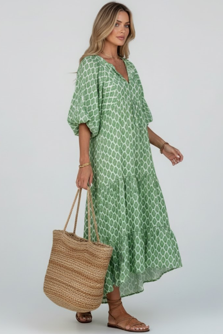 Vaenya | Women’s V-Neck Long Dress – Short Sleeve Tiered Maxi Dress, Flowy Relaxed Fit