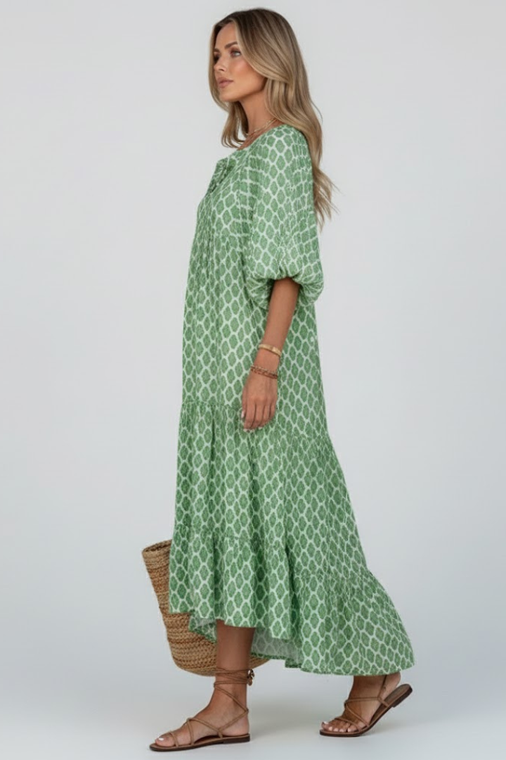 Vaenya | Women’s V-Neck Long Dress – Short Sleeve Tiered Maxi Dress, Flowy Relaxed Fit