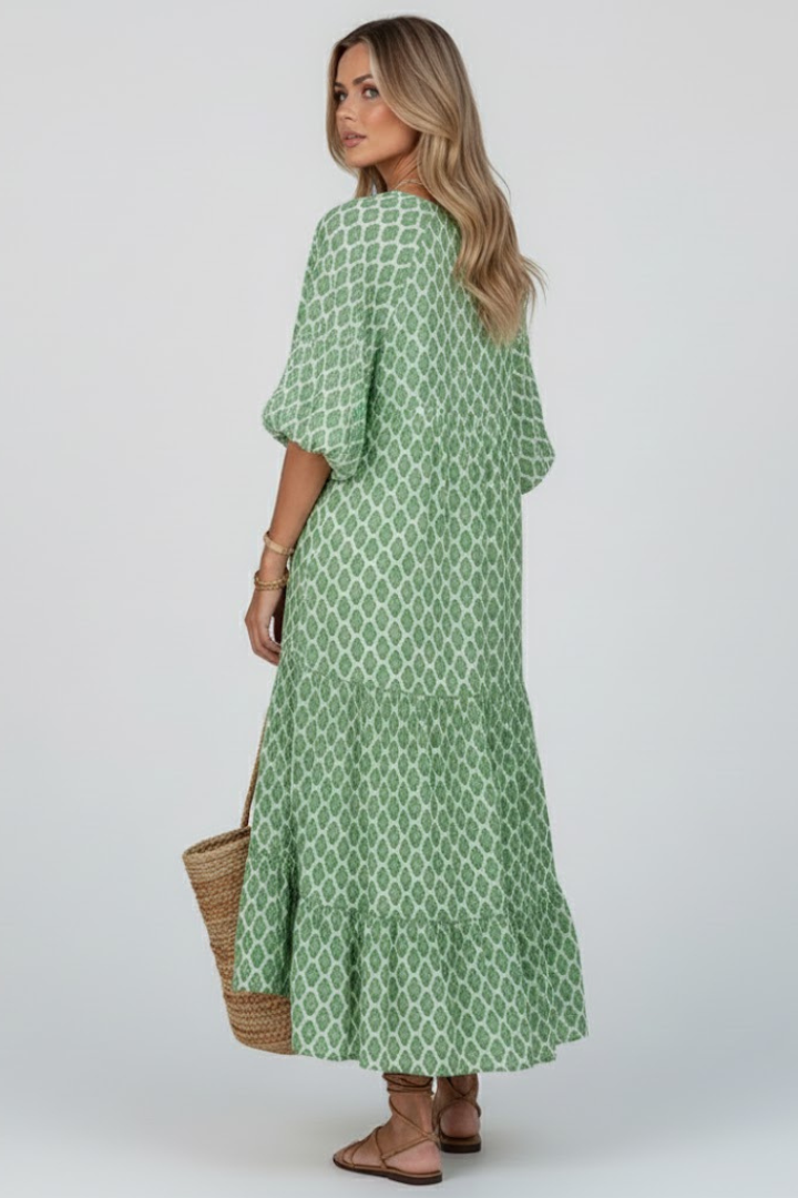 Vaenya | Women’s V-Neck Long Dress – Short Sleeve Tiered Maxi Dress, Flowy Relaxed Fit