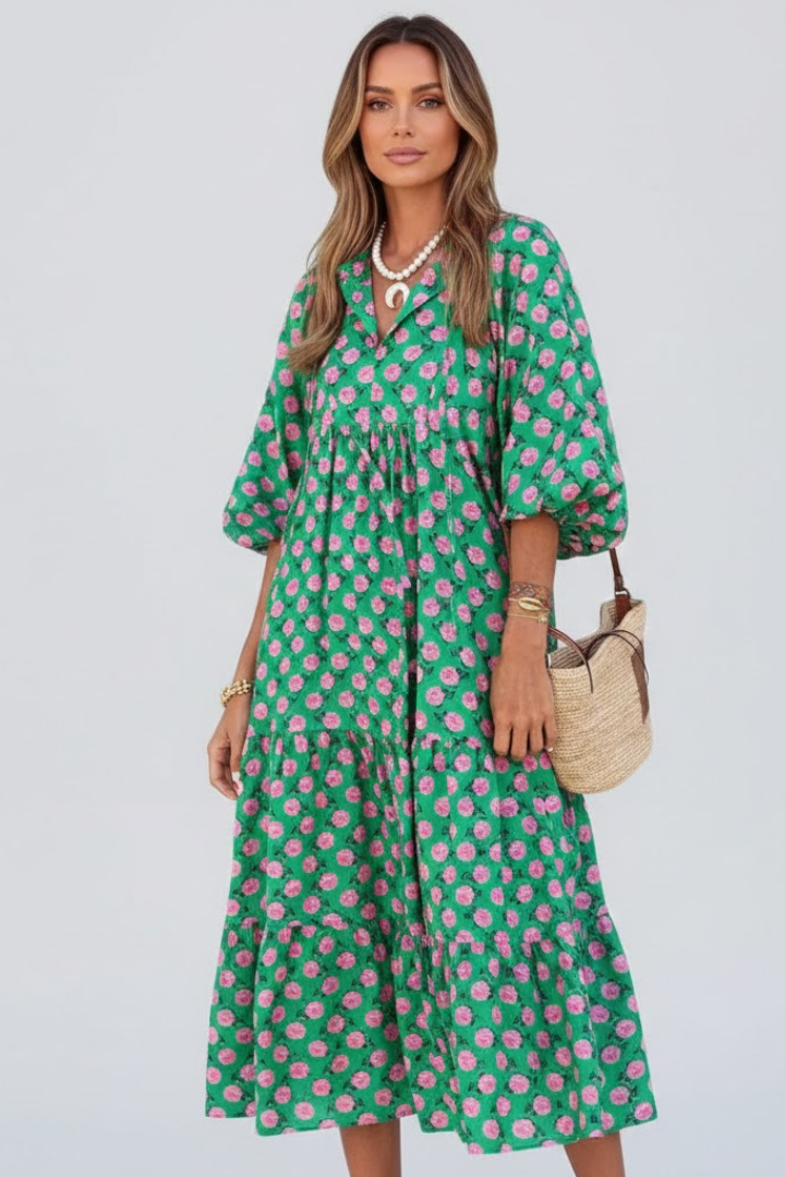 Vaenya | Women’s V-Neck Long Dress – Short Sleeve Tiered Maxi Dress, Flowy Relaxed Fit