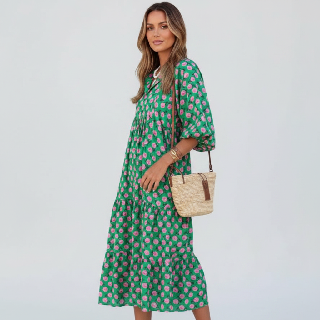 Vaenya | Women’s V-Neck Long Dress – Short Sleeve Tiered Maxi Dress, Flowy Relaxed Fit