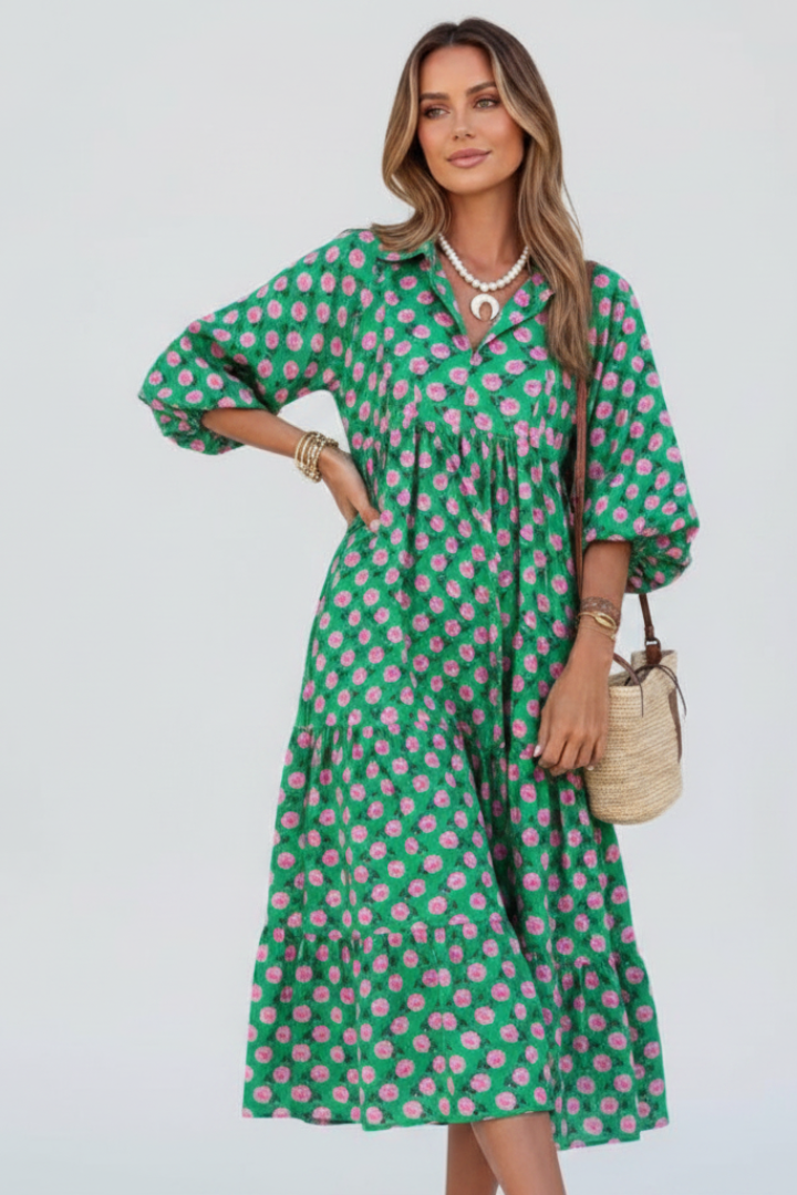Vaenya | Women’s V-Neck Long Dress – Short Sleeve Tiered Maxi Dress, Flowy Relaxed Fit