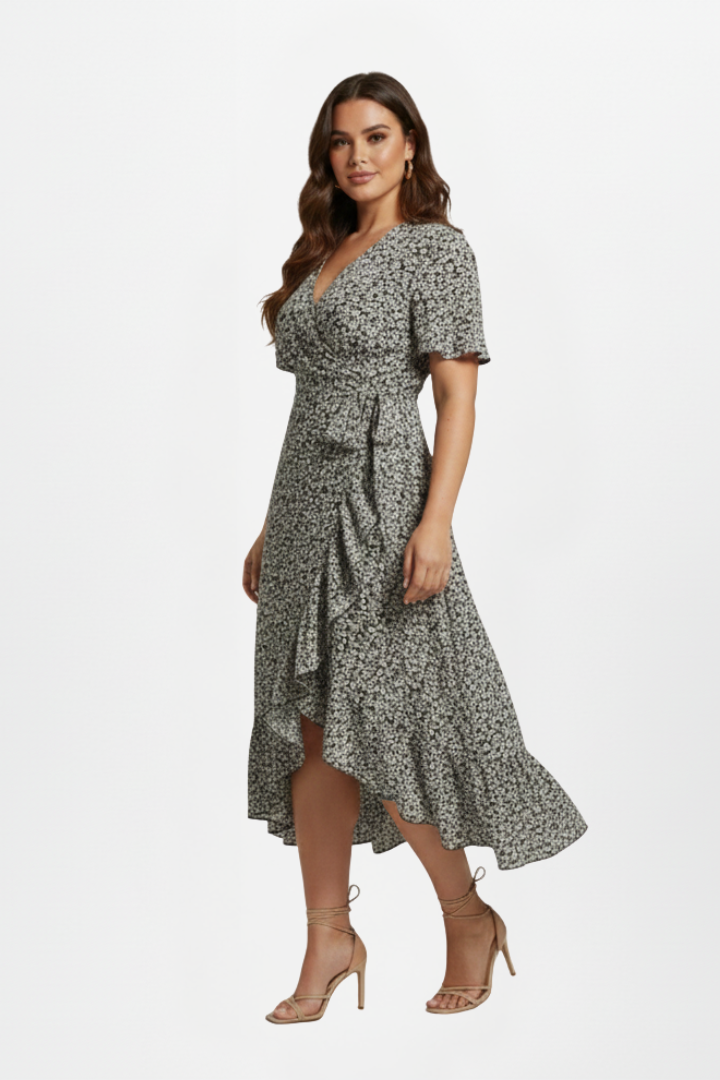 Vaisha | Women’s Wrap Dress – V-Neck Short Flutter Sleeve Knee-Length Tie Waist Dress