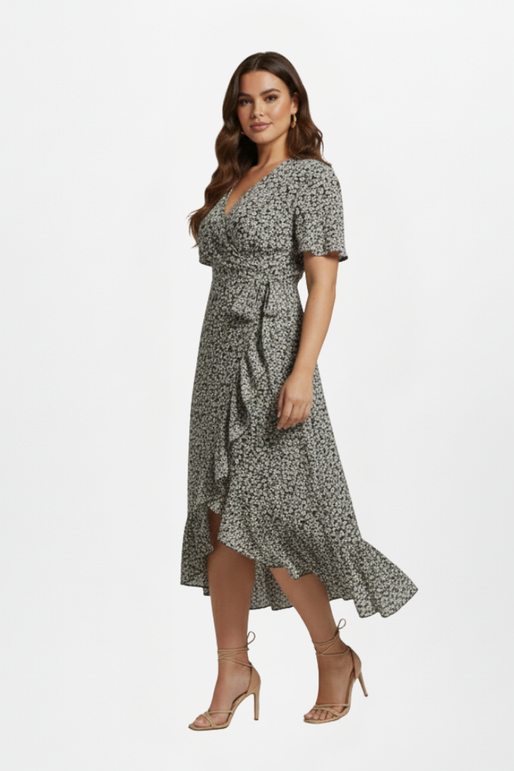 Vaisha | Women’s Wrap Dress – V-Neck Short Flutter Sleeve Knee-Length Tie Waist Dress