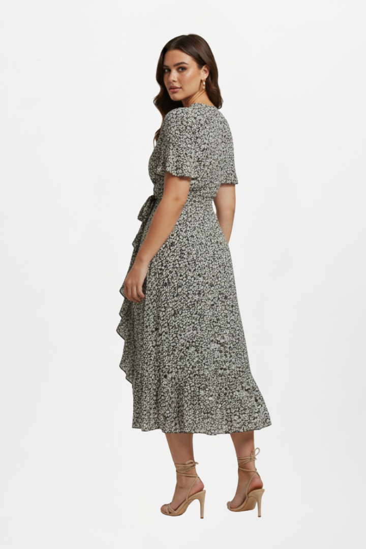 Vaisha | Women’s Wrap Dress – V-Neck Short Flutter Sleeve Knee-Length Tie Waist Dress