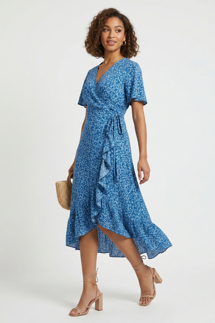 Vaisha | Women’s Wrap Dress – V-Neck Short Flutter Sleeve Knee-Length Tie Waist Dress