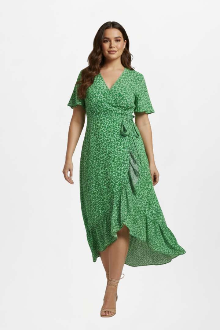 Vaisha | Women’s Wrap Dress – V-Neck Short Flutter Sleeve Knee-Length Tie Waist Dress