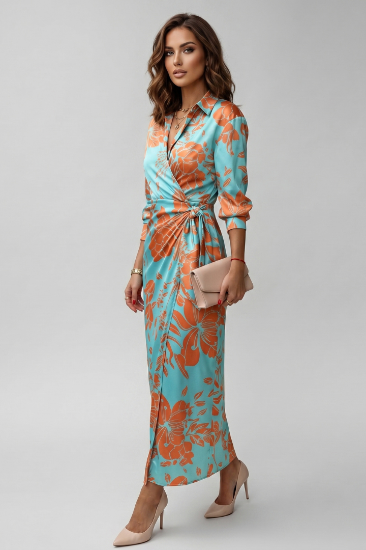 Valencia | Printed Wrap Maxi Dress for Women – Collared, Elegant Statement Dress