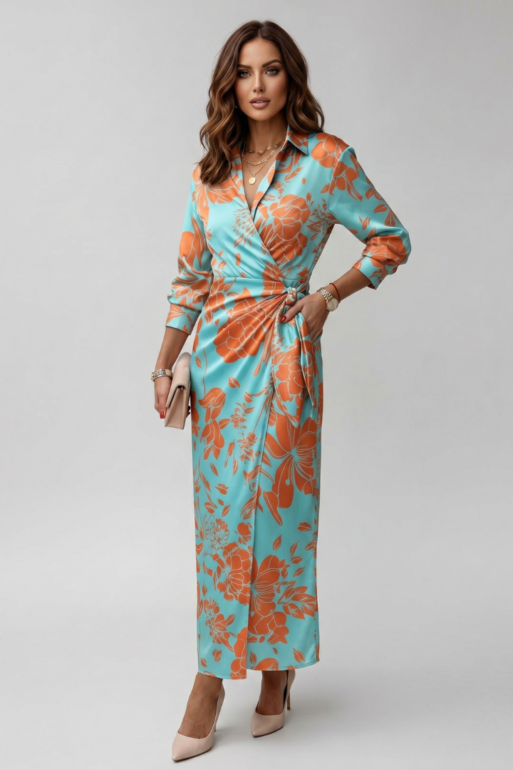 Valencia | Printed Wrap Maxi Dress for Women – Collared, Elegant Statement Dress