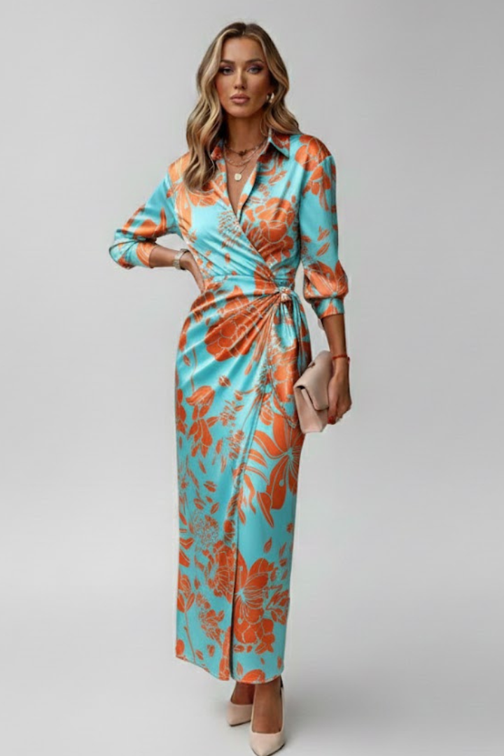 Valencia | Printed Wrap Maxi Dress for Women – Collared, Elegant Statement Dress