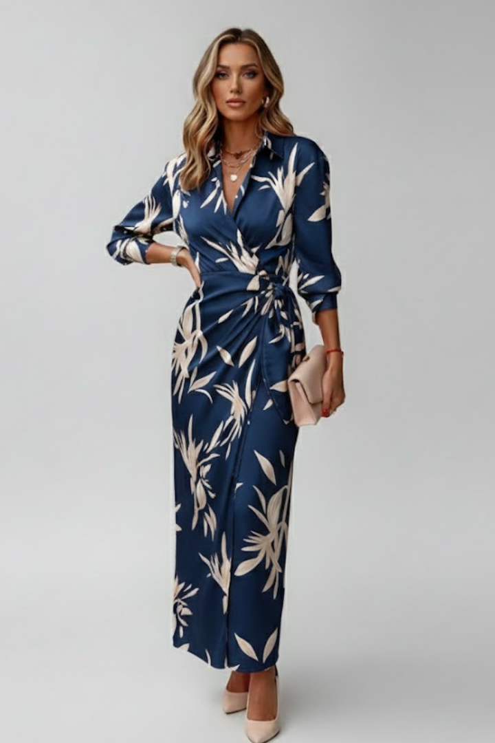 Valencia | Printed Wrap Maxi Dress for Women – Collared, Elegant Statement Dress
