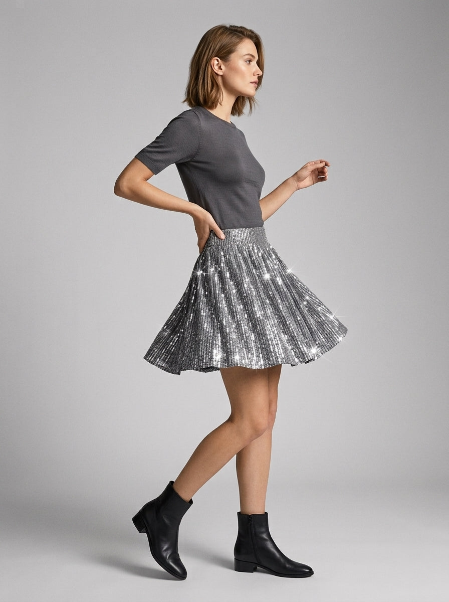 Valentina | Women’s High-Waisted Sequin Skort – Flared Skirt Shorts with Side Pockets