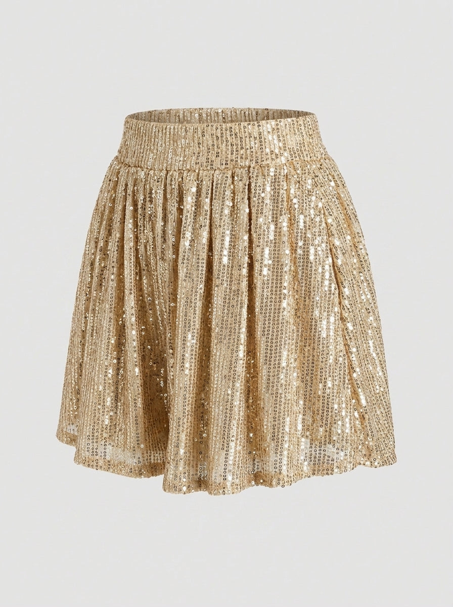 Valentina | Women’s High-Waisted Sequin Skort – Flared Skirt Shorts with Side Pockets