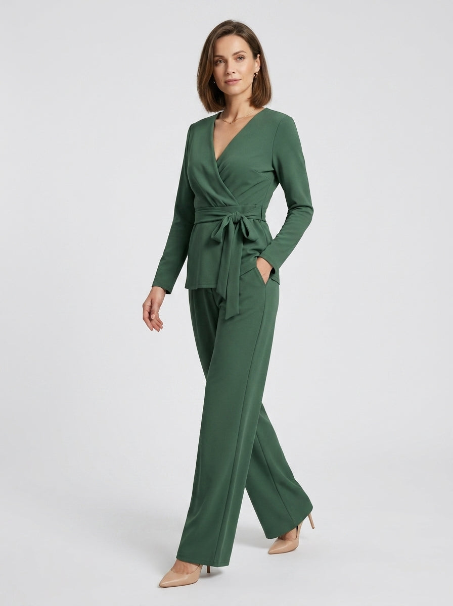 Valerisse | Women’s V-Neck Jumpsuit with Tie Waist, Long Sleeves & Wide-Leg Pants