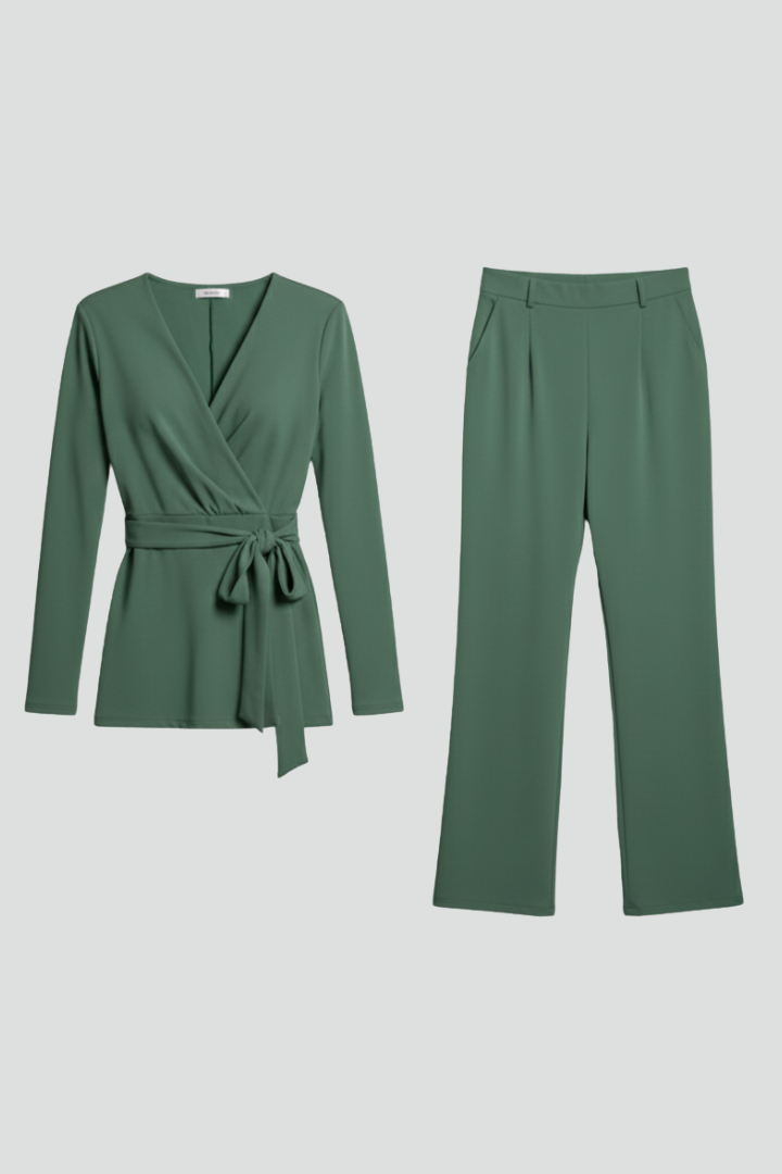 Valerisse | Women’s V-Neck Jumpsuit with Tie Waist, Long Sleeves & Wide-Leg Pants