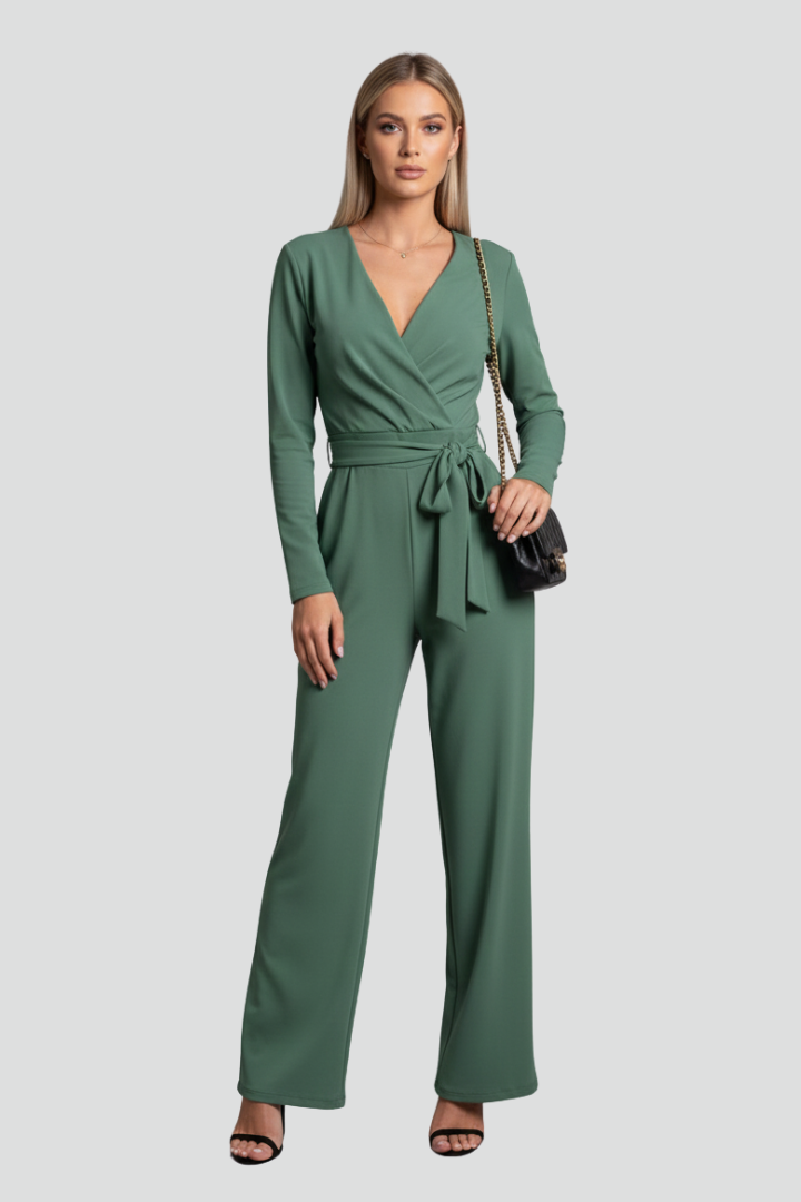 Valerisse | Women’s V-Neck Jumpsuit with Tie Waist, Long Sleeves & Wide-Leg Pants