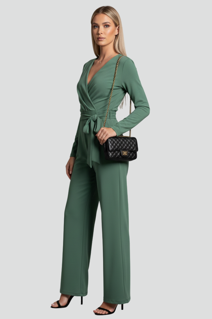 Valerisse | Women’s V-Neck Jumpsuit with Tie Waist, Long Sleeves & Wide-Leg Pants